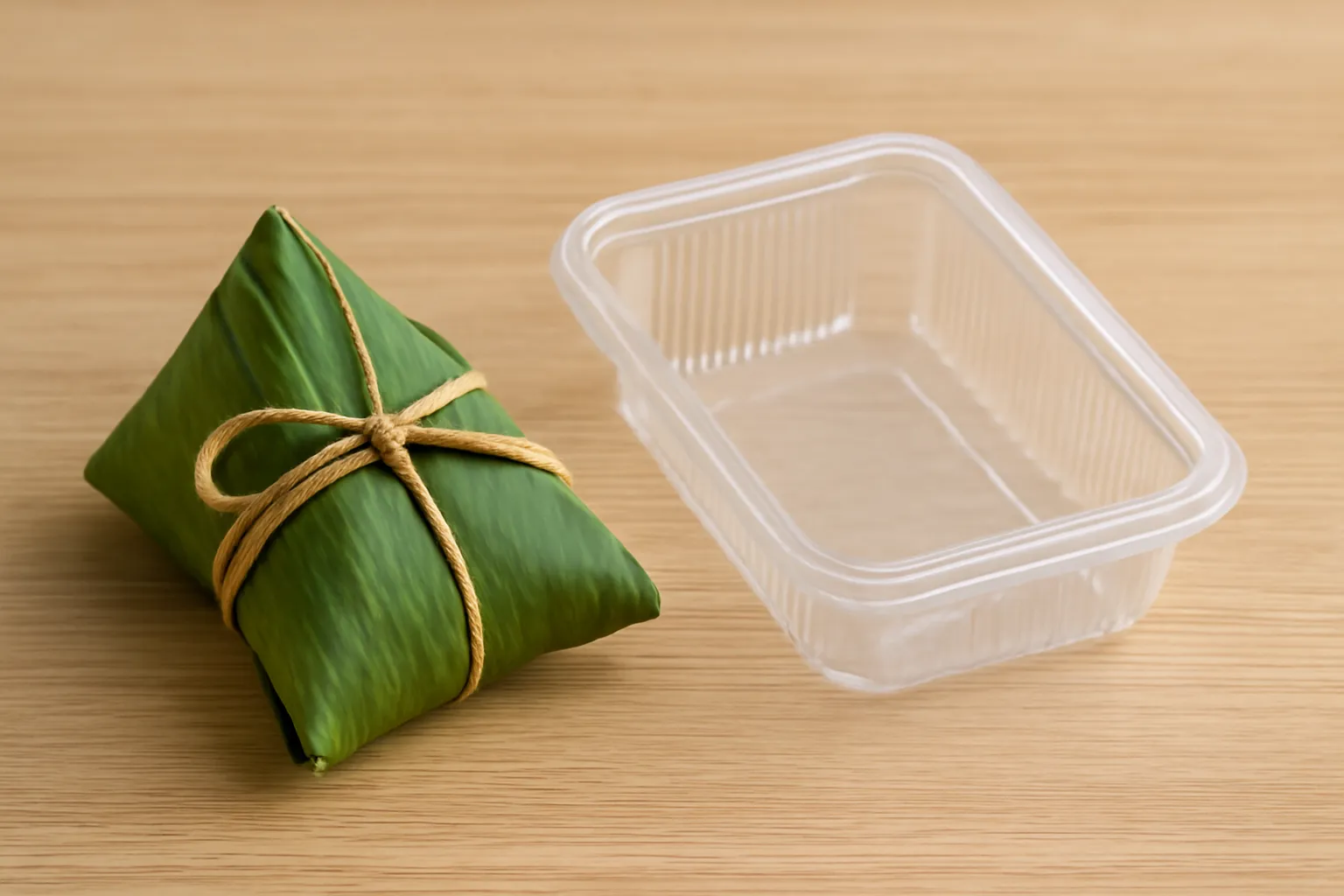 Gói xôi bọc lá chuối buộc lạt đặt cạnh một hộp nhựa rỗng
