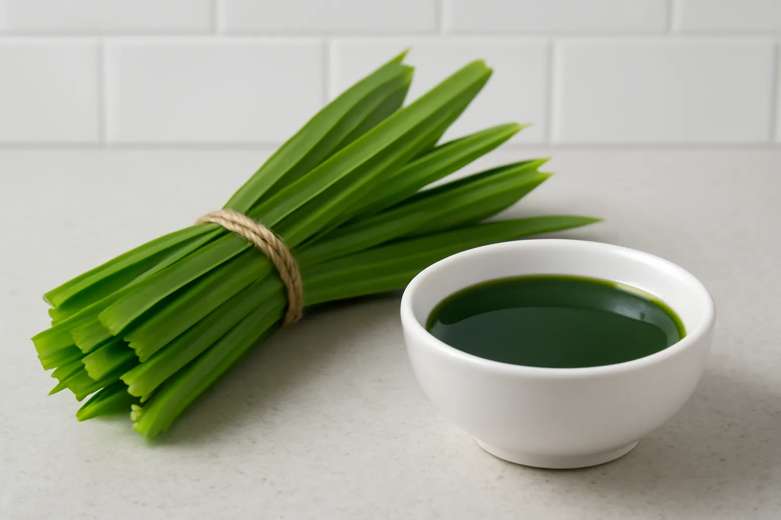 Bó lá dứa tươi và một bát nước cốt lá dứa màu xanh đậm