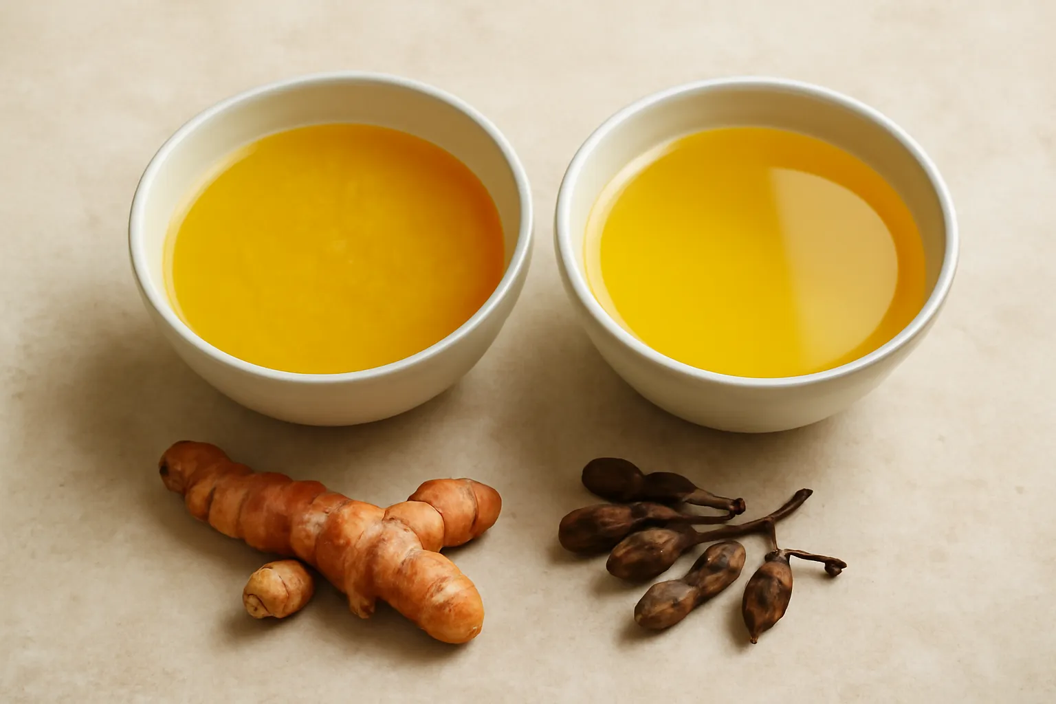 Hai bát nước màu vàng đặt cạnh nhau, một bát đục hơn và một bát trong hơn